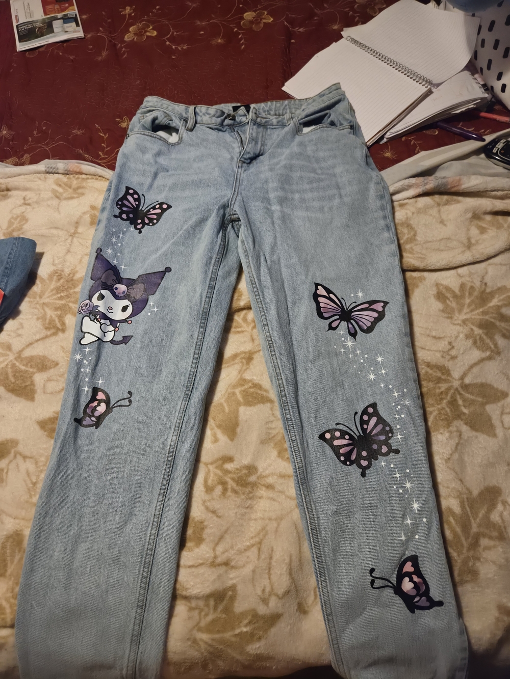 Light Wash Straight-Leg Jeans with Purple Butterfly & Character Prints